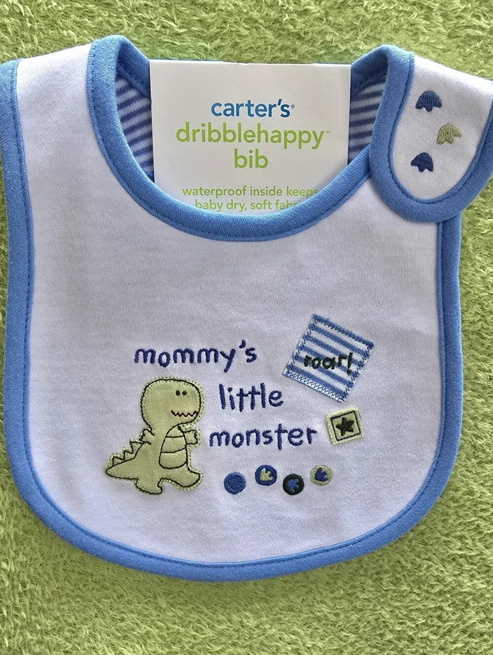 NWT  Baby BOYS - White + Blue BiB MOMMY'S LITTLE MONSTER + DINOSAUR - ROAR (Q5)